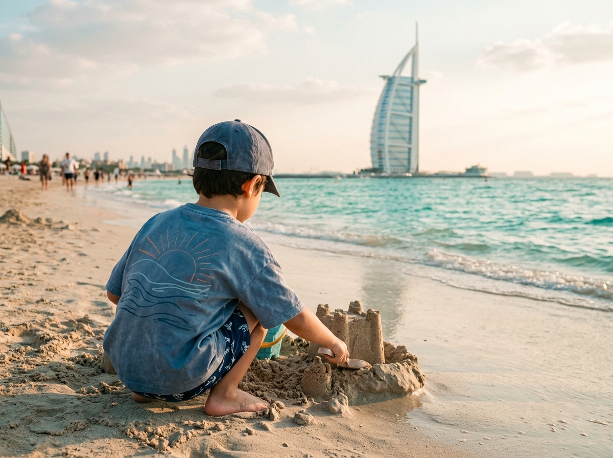 Toddler building a sandcastle on a Dubai beach