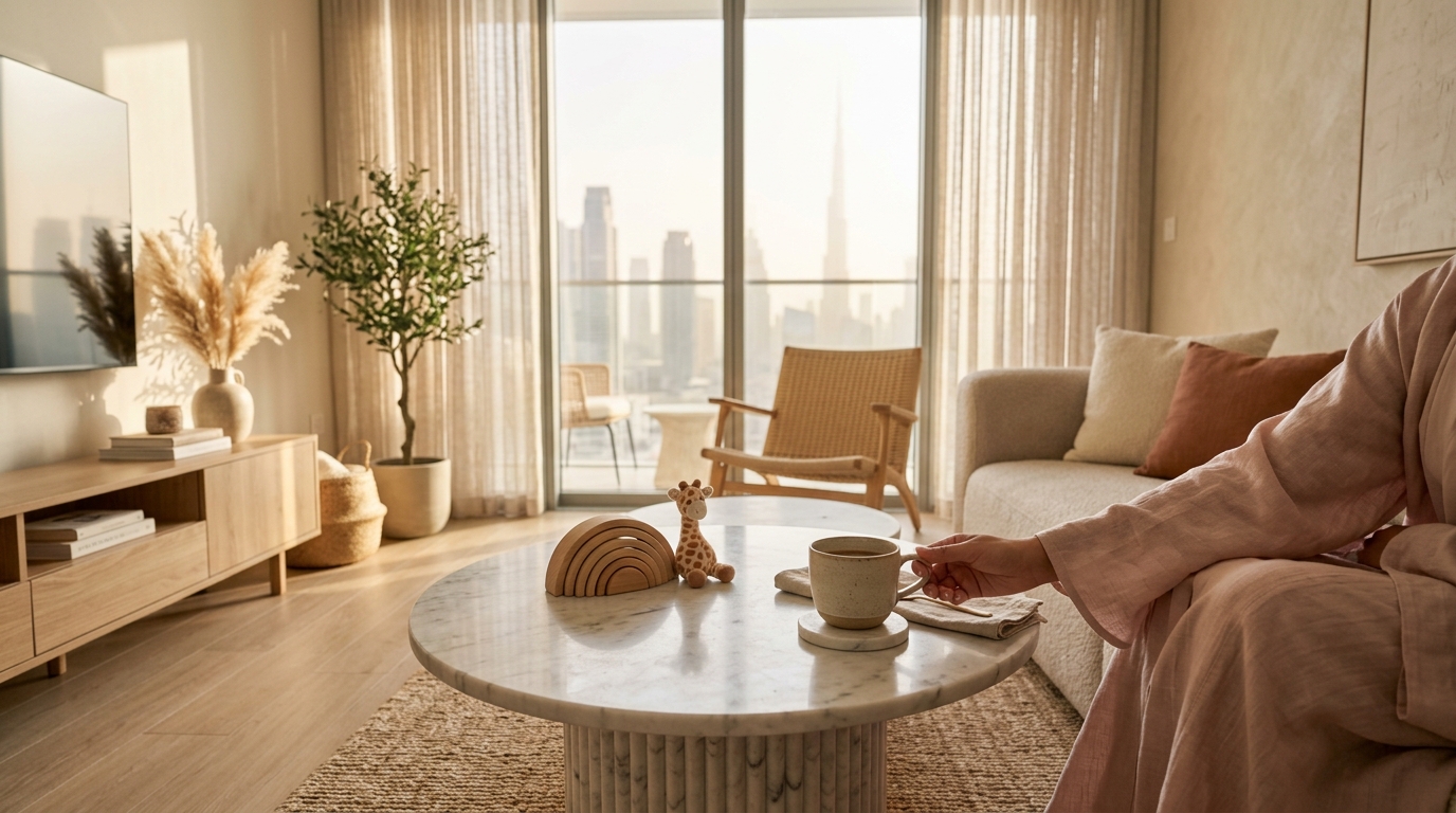 Sunlit Dubai apartment living room in the morning