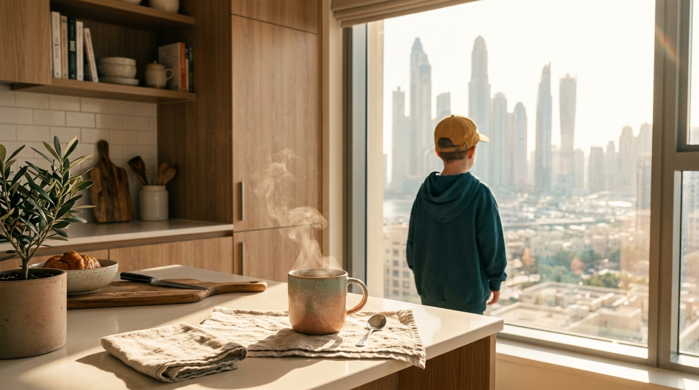 Golden morning light in a Dubai apartment kitchen
