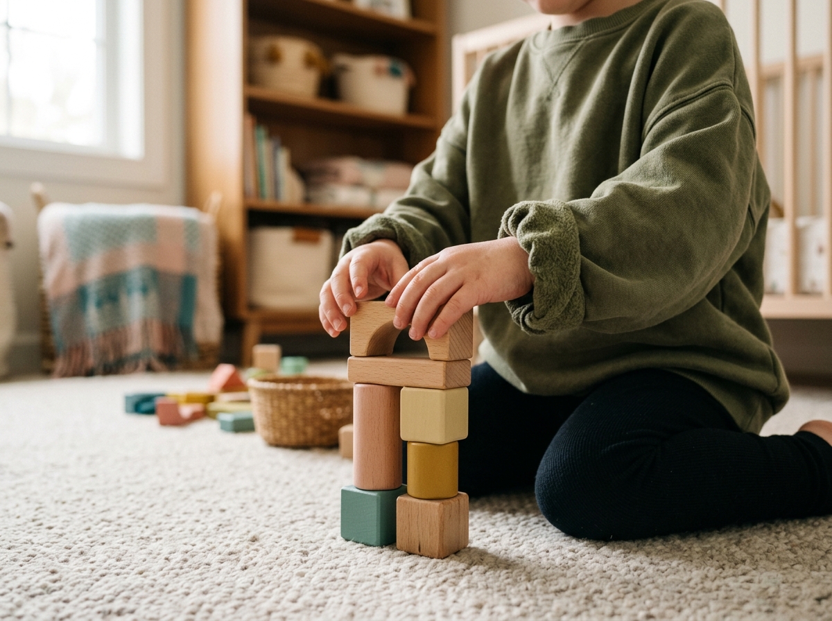 Toddler stacking wooden blocks in a sunlit nursery