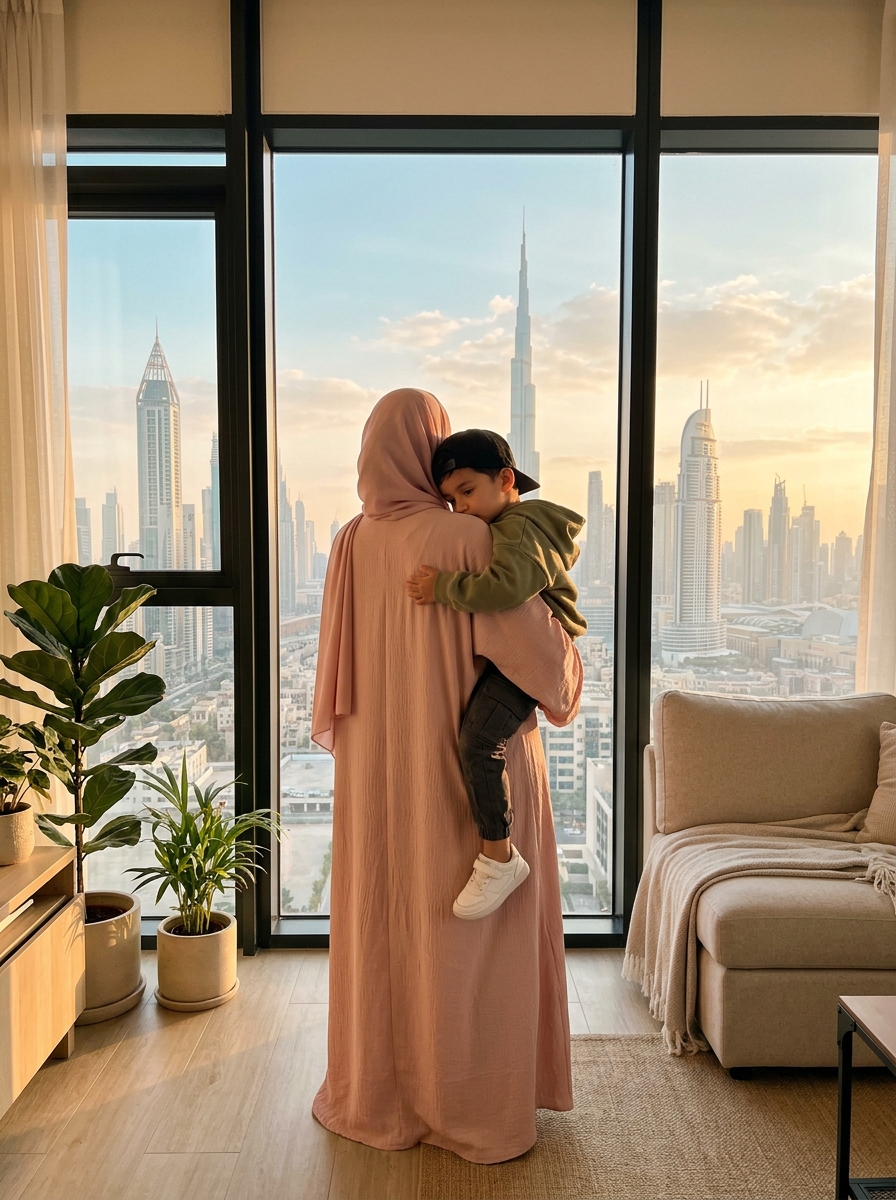 Mama and Zayn looking out over the Dubai skyline