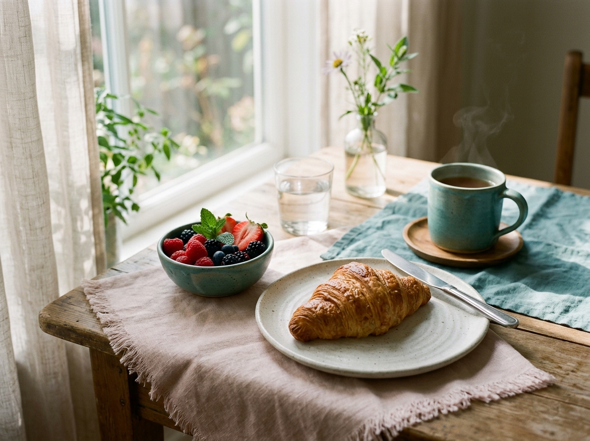 Slow morning breakfast table with fresh fruit