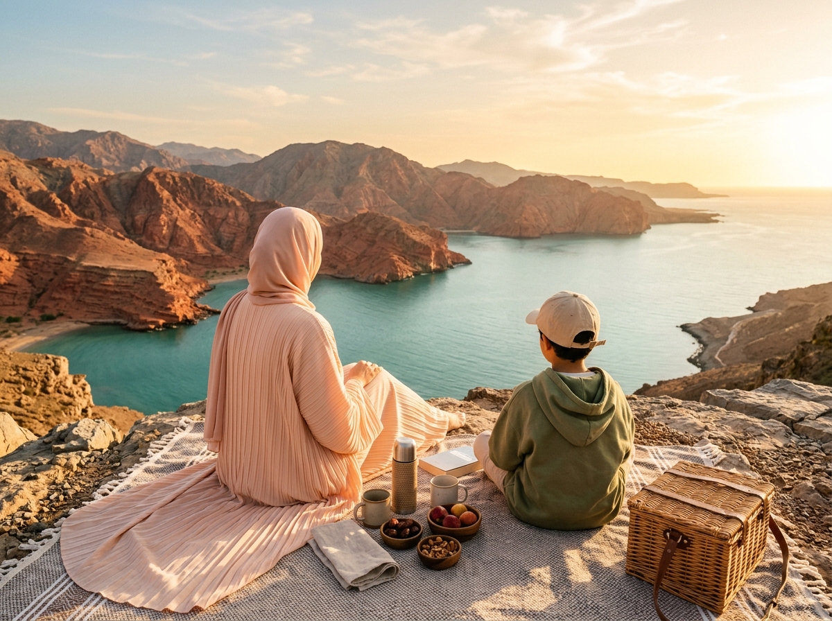 Red mountains and turquoise water in Ras Al Khaimah