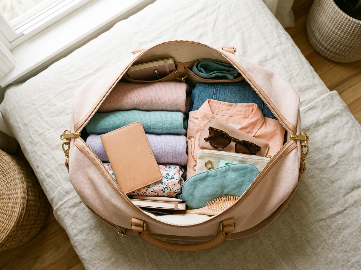 Packed weekender travel bag flat lay