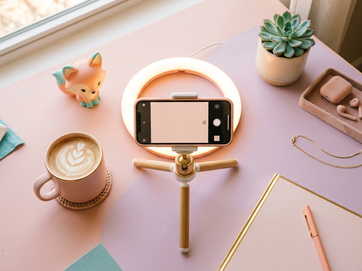 Content creator desk setup with ring light