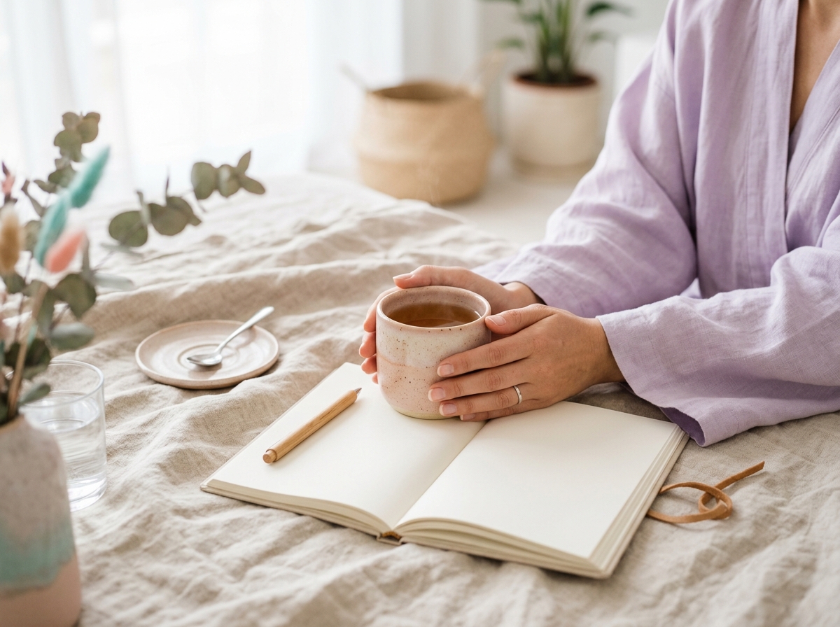 Warm mug of tea beside a journal in morning light